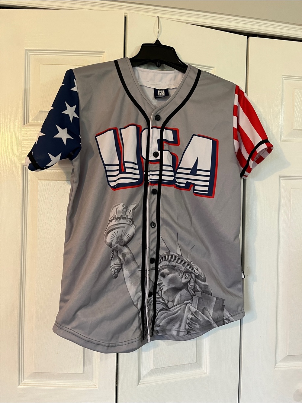 USA Graphic Baseball Jersey - Gray with Red, White & Blue Accents